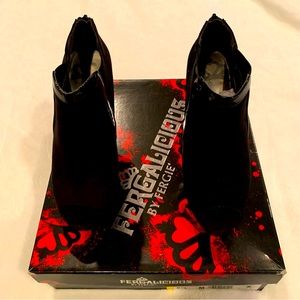 Black high heel faux suede peep toe bootie patent trim